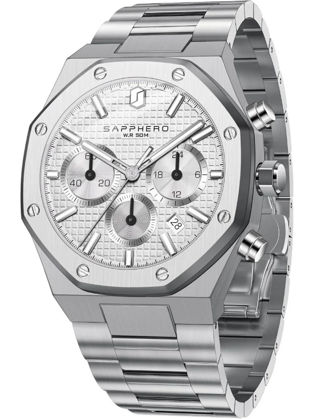 Men's Silver White Chronograph Quartz Movement Stainless Steel Luxury Date Watch